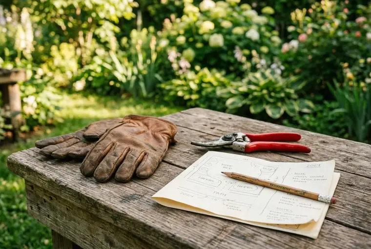 Symbolbild – Arbeitshandschuhe, Gartenschere und Pläne auf einem Holztisch